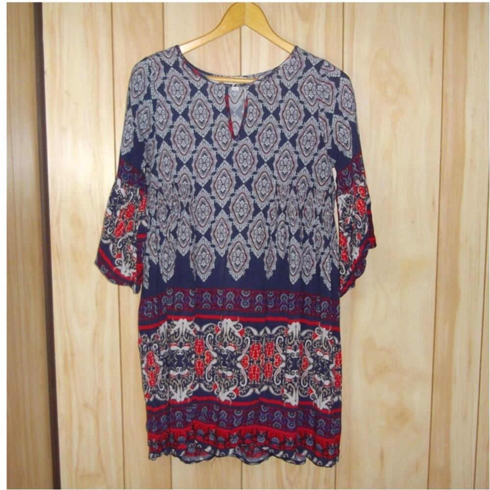 Umgee Multicolor Geometric Round Neck 3/4 Sleeve Mini A-line Women Dress S